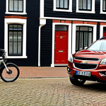 **

A sleek, modern Chevrolet Trailblazer SUV parked in front of a typical Dutch "rijtjeshuis" (row house). The car's front grille is prominently displayed.  The scene should convey a sense of urban practicality and stylish design.  Include bicycles parked nearby to further enhance the Dutch setting.  Daylight, slightly overcast.

**