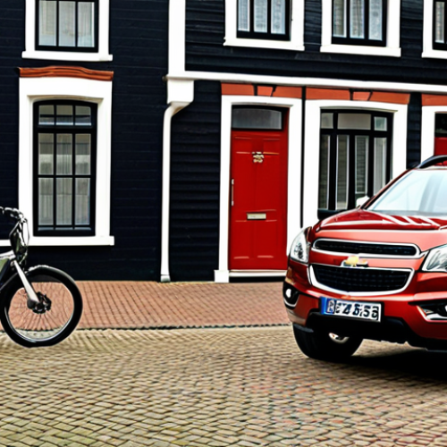 Home 15 **
A sleek, modern Chevrolet Trailblazer SUV parked in front of a typical Dutch "rijtjeshuis" (row house). The car's front grille is prominently displayed. The scene should convey a sense of urban practicality and stylish design. Include bicycles parked nearby to further enhance the Dutch setting. Daylight, slightly overcast.
**