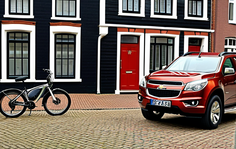 **
A sleek, modern Chevrolet Trailblazer SUV parked in front of a typical Dutch "rijtjeshuis" (row house). The car's front grille is prominently displayed. The scene should convey a sense of urban practicality and stylish design. Include bicycles parked nearby to further enhance the Dutch setting. Daylight, slightly overcast.
**