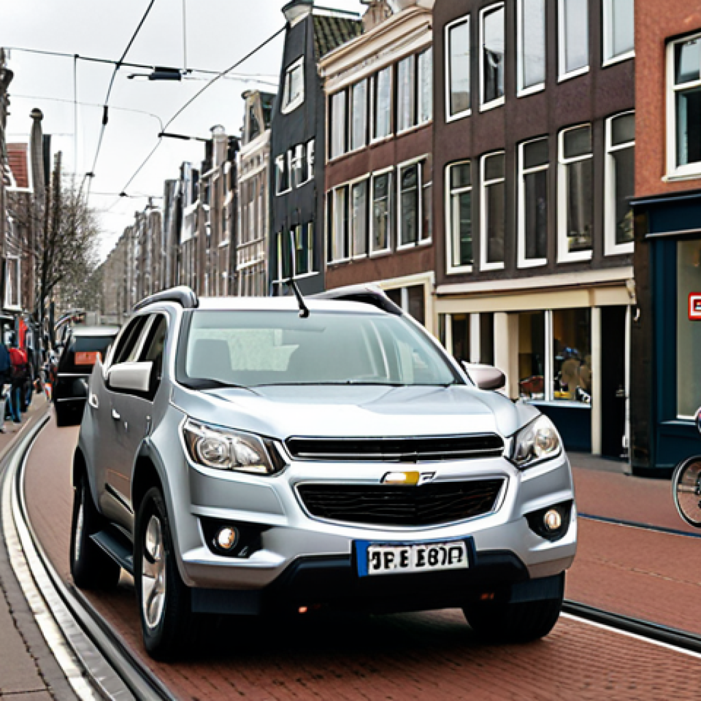 **

A Chevrolet Trailblazer driving through a bustling Dutch city street (e.g., Amsterdam or Rotterdam). Focus on showcasing the car's agility and maneuverability amidst cyclists, trams, and typical Dutch architecture. The weather is slightly overcast. The car should appear compact and easy to handle within the urban environment.

**