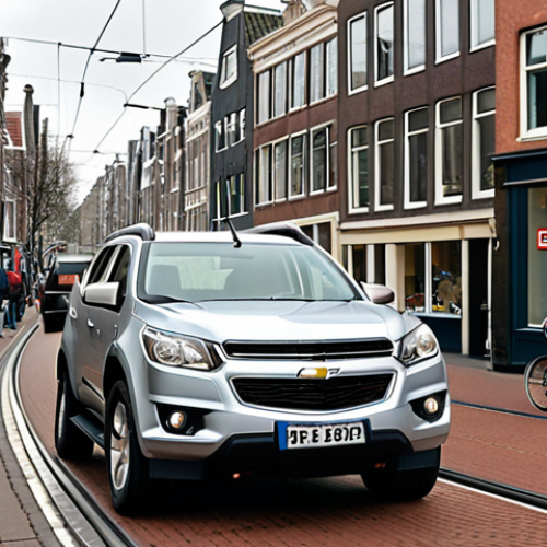 Home 8 **
A Chevrolet Trailblazer driving through a bustling Dutch city street (e.g., Amsterdam or Rotterdam). Focus on showcasing the car's agility and maneuverability amidst cyclists, trams, and typical Dutch architecture. The weather is slightly overcast. The car should appear compact and easy to handle within the urban environment.
**