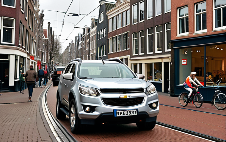 **
A Chevrolet Trailblazer driving through a bustling Dutch city street (e.g., Amsterdam or Rotterdam). Focus on showcasing the car's agility and maneuverability amidst cyclists, trams, and typical Dutch architecture. The weather is slightly overcast. The car should appear compact and easy to handle within the urban environment.
**